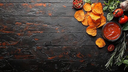 Poster - Sweet potato chips, herbs, sauce, dark wood. Recipe, food blog