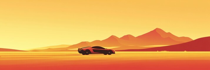 Wall Mural - Car driving along a desert road with distant mountains and warm tones showcasing the beauty of a solo journey. Generative AI