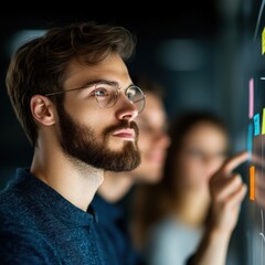 Canvas Print - business Team Analyzing Ideas on a Glass Board