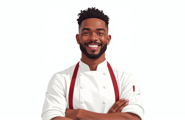 Poster - A Smiling African American Chef Stands In Front View With Transparent Isolation On A Clean And Minimalist White Background. 00001