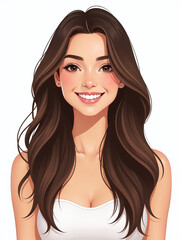 Aufkleber - A Smiling Brunette Female Model With Long Hair Is Isolated Against A Pure White Background. 00001
