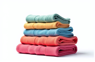 Poster - A Vibrant Stack Of Colorful Towels Rests In Isolation Against A Crisp White Background For Added Visual Appeal. 00001