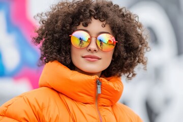 Wall Mural - Woman in Orange Puffer Jacket and Reflective Sunglasses