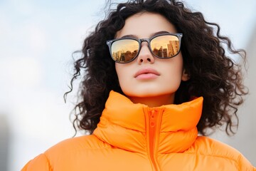 Wall Mural - Woman with Curly Hair Wearing Sunglasses and Orange Puffer Jacket