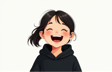 Aufkleber - A Young Girl Is Shown Laughing And Smiling While Wearing A Black Hoodie Against A Plain White Background Image. 00001