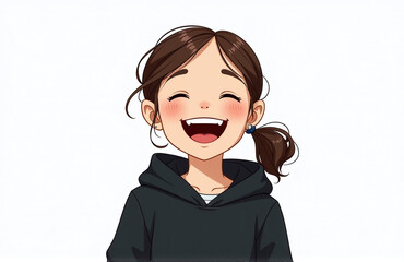 Aufkleber - A Young Girl Is Shown Laughing And Smiling While Wearing A Black Hoodie Against A Plain White Background Image. 00002