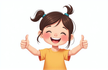 Aufkleber - A Young Girl With A Bright Smile Gives A Cheerful Thumbs Up From An Empty White Space Around Her. 00002
