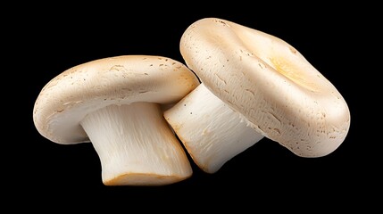 Poster - Two button mushrooms, isolated, black background, food photography, recipe ingredient