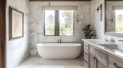 Canvas Print - Modern bathroom with freestanding tub, marble walls, and double vanity.