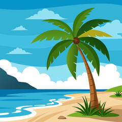 Wall Mural - Stunning Tropical Beach Landscape with Palm Tree Vector Art