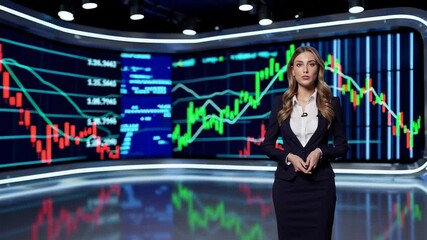 Aufkleber - Financial reporter analyzing real time trading charts and market data while standing confidently in professional studio environment with large digital screen displaying complex investment information