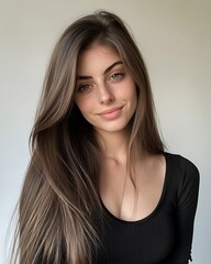 Wall Mural - Portrait of a young woman with long brown hair and green eyes, smiling gently.