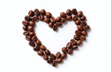 Poster - Coffee Beans In Heart Shape Are Neatly Arranged On A Pure White Background With No Distractions Or Clutter Present. 00001