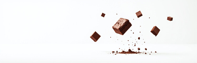 Poster - Chocolate Brownie Pieces Hover Or Fall Through The Air, Suspended In A Clean And Minimalist White Background. 00002