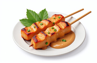 Poster - Delicious Indonesian Chicken Satay Served With Creamy Peanut Sauce, Perfectly Isolated Against A Clean And Minimalist White Background. 00002