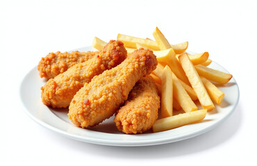 Aufkleber - Golden Brown Chicken Strips Served With Crispy French Fries, Presented In A Clean White Plate On A Simple White Background. 00001