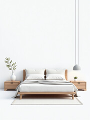 Poster - Modern Minimalist Bedroom Interior Features Sleek Modern Furniture Including A Bed With Blanket And Pillows On A Clean White Background. 00001