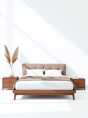 Poster - Modern Minimalist Bedroom Interior Features Sleek Modern Furniture Including A Bed With Blanket And Pillows On A Clean White Background. 00002