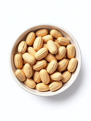 Poster - Shelled Peanuts Are Arranged In A Neat Pile Within A Small Bowl Set Against A Plain White Background. 00001
