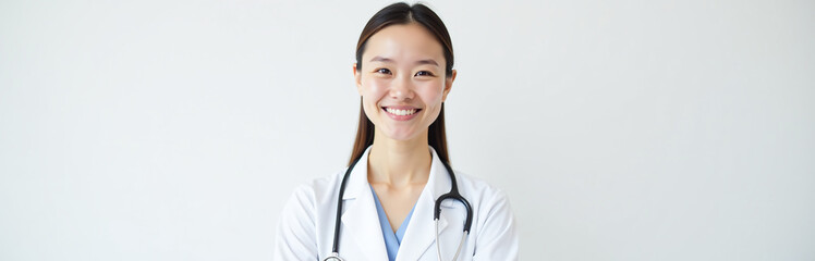 Poster - Smiling Female Doctor Stands Out Against Clean White Background, Her Gentle Expression Inviting Trust In This Simple And Elegant Portrait. 00002