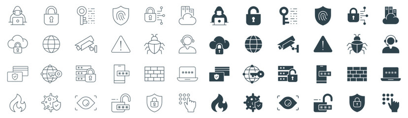 cyber security icon set vector in line and solid illustration