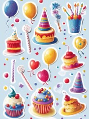 Poster - Colorful festive stickers featuring balloons, cakes, and party decorations for cheerful celebrations and events. Generative AI