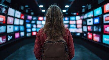 A young woman stands in a modern gallery, captivated by an array of glowing screens before her, reflecting her engagement with technology and contemporary art.
