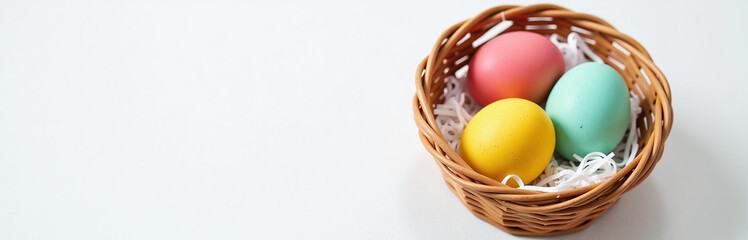 Aufkleber - Vibrant Easter Eggs Sit Amidst A Woven Wicker Basket, Placed Gently On A Clean And Simple White Surface Background. 00002