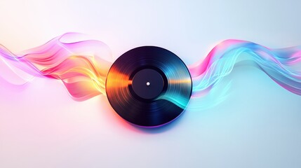 Poster - Colorful audio waves emanate from a vinyl record on a gradient background. Generative AI
