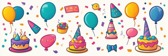 Poster - Colorful festive stickers featuring balloons, confetti, party hats, and cakes for celebration events and parties. Generative AI