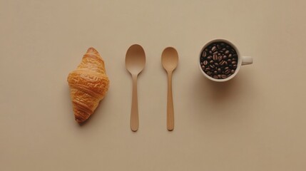 Leinwandbilder - Delicious breakfast flat lay featuring a croissant, wooden spoons, and a cup of coffee beans on a neutral background. Generative AI