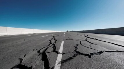 Poster - Ground splitting and breaking apart during powerful seismic activity, revealing asphalt road cracking under clear blue sky with dramatic geological destructive force