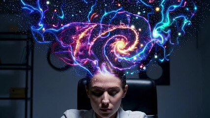 Poster - Cosmic energy swirling above a scientist's head represents deep thought and exploration of the universe within the human mind, visualized in slow motion
