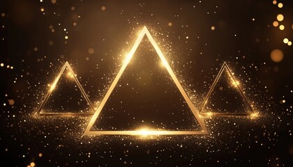 Poster - Dazzling Golden Triangle Shimmering With Illumination On Espresso Background. High-Quality Award Design.
