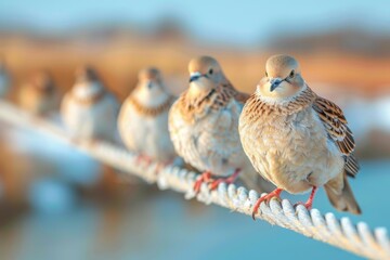 Urban landscape featuring a group of doves resting on an electric wire in a city setting