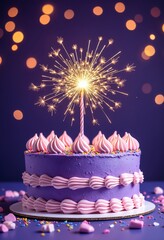 Wall Mural - Purple birthday celebration cake with sparkler