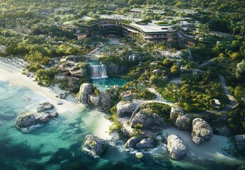 Wall Mural - A wide aerial view of the beach and sea in Mexico, overlooking an ultra-luxury hotel resort with limestone walls and bronze accents.