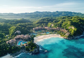 Wall Mural - A wide aerial view of the beach and sea in Mexico, overlooking an ultra-luxury hotel resort with limestone walls and bronze accents.