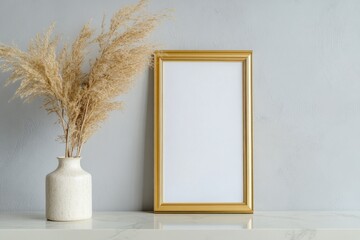 Poster - Elegant golden vertical frame with empty canvas accentuated by minimalist decor on a neutral gray backdrop