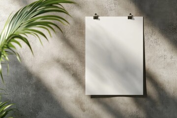 Poster - Blank white card hanging on serene matte gray wall with sunlight shadows creating a minimalist atmosphere