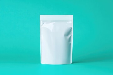 glossy stand-up pouch mockup positioned upright on vibrant teal solid background with soft lighting and generous copy