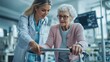 © Pat J. - Doctor and elderly woman with a walking frame in a modern rehabilitation center, focusing on healthcare and support