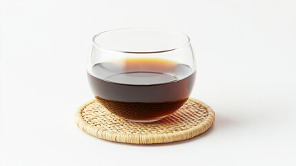 Freshly brewed coffee in clear glass on woven coaster