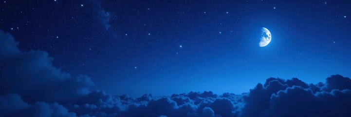 deep indigo blue night sky with stars and moon, beauty, universe, moon