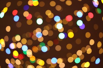 Sticker - Blurred view of colorful lights on dark background, bokeh effect