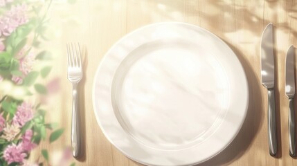 Poster - Beautiful dining setup with an empty plate, silverware, and floral surroundings in a sunlit outdoor setting. Generative AI