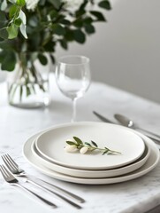 Poster - Elegant table setting with minimalist plates and fresh greenery for a casual dining experience. Generative AI