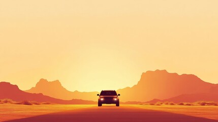 Poster - Car cruising down a desert road at sunset with distant mountains under warm orange and yellow tones. Generative AI