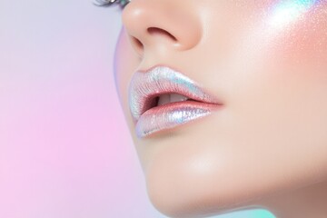 Wall Mural - close-up of futuristic look with reflective metallic elements applied to lips and eyes