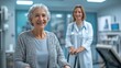 © Pat J. - Doctor and elderly woman with a walking frame in a modern rehabilitation center, focusing on healthcare and support